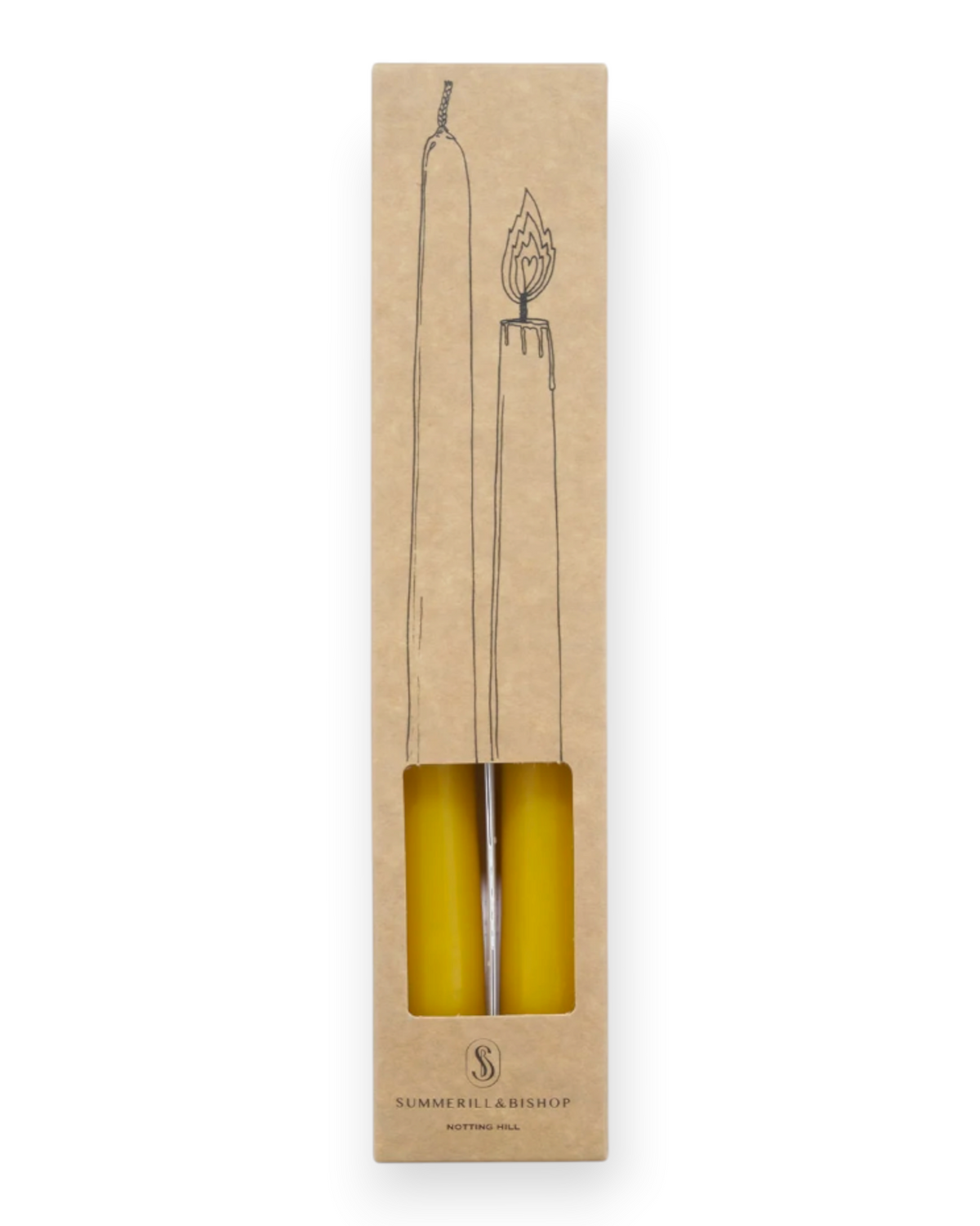 Birdie by Nina Liddle Design set of two yellow tapered church candles in a kraft paper box with illustrated design.