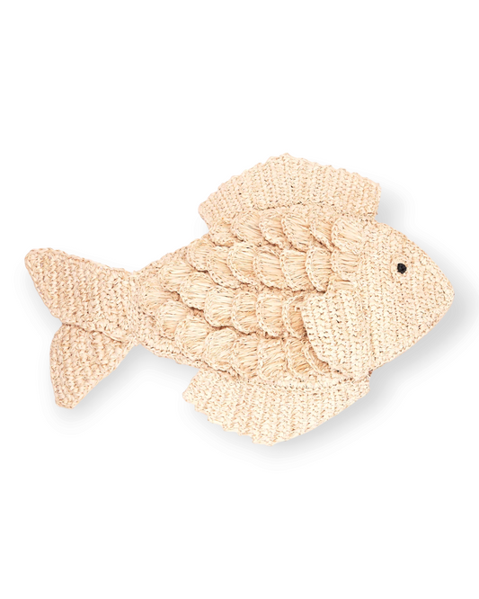 Birdie by Nina Liddle Design Humuhumu fish-shaped handbag made from natural raffia with embroidered scale details.