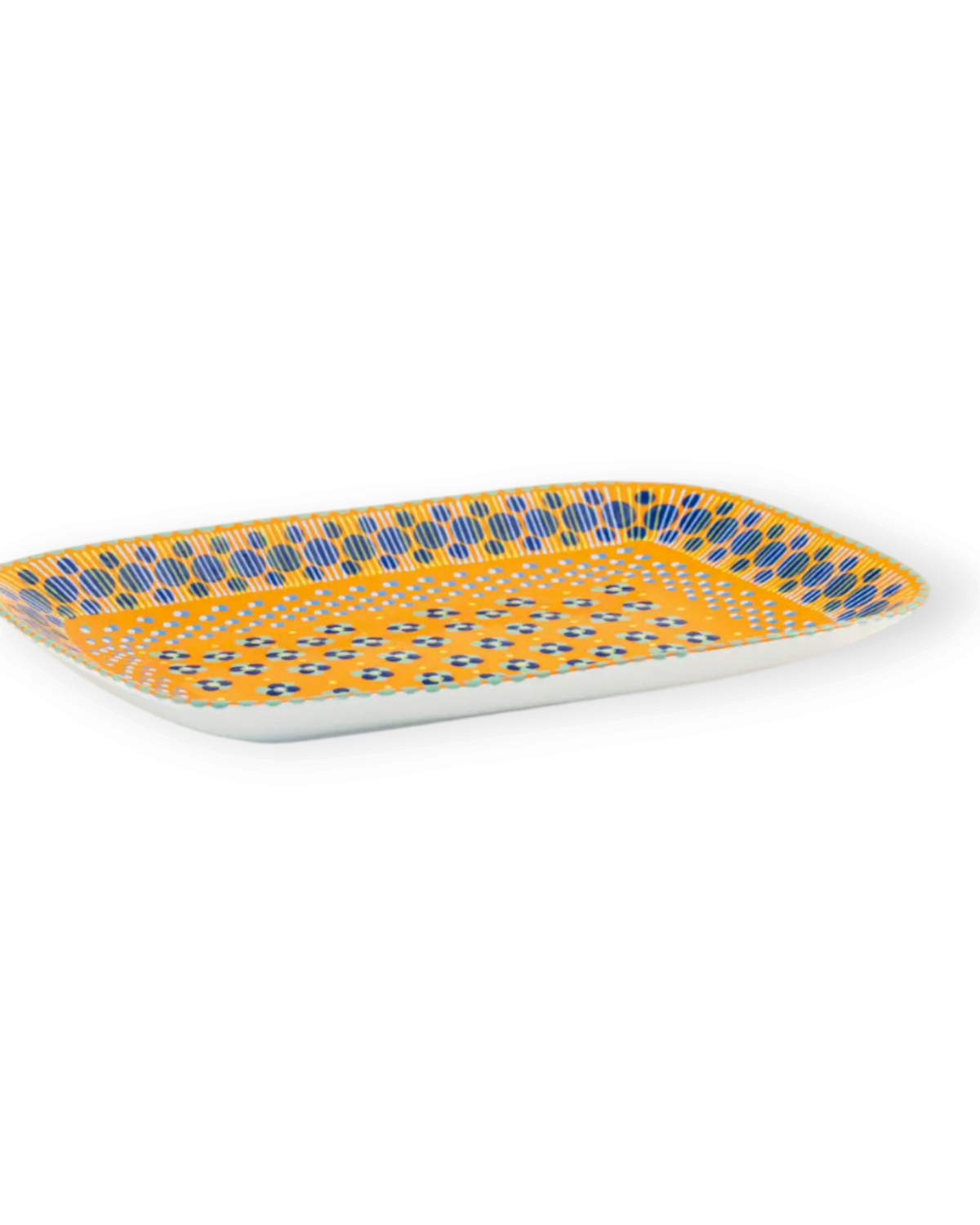 Birdie by Nina Liddle Design handmade orange ceramic breakfast platter with blue and white hand-painted dot patterns.