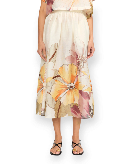 Birdie by Nina Liddle Design Trina skirt in ivory silk organza with a large-scale floral print and midi length