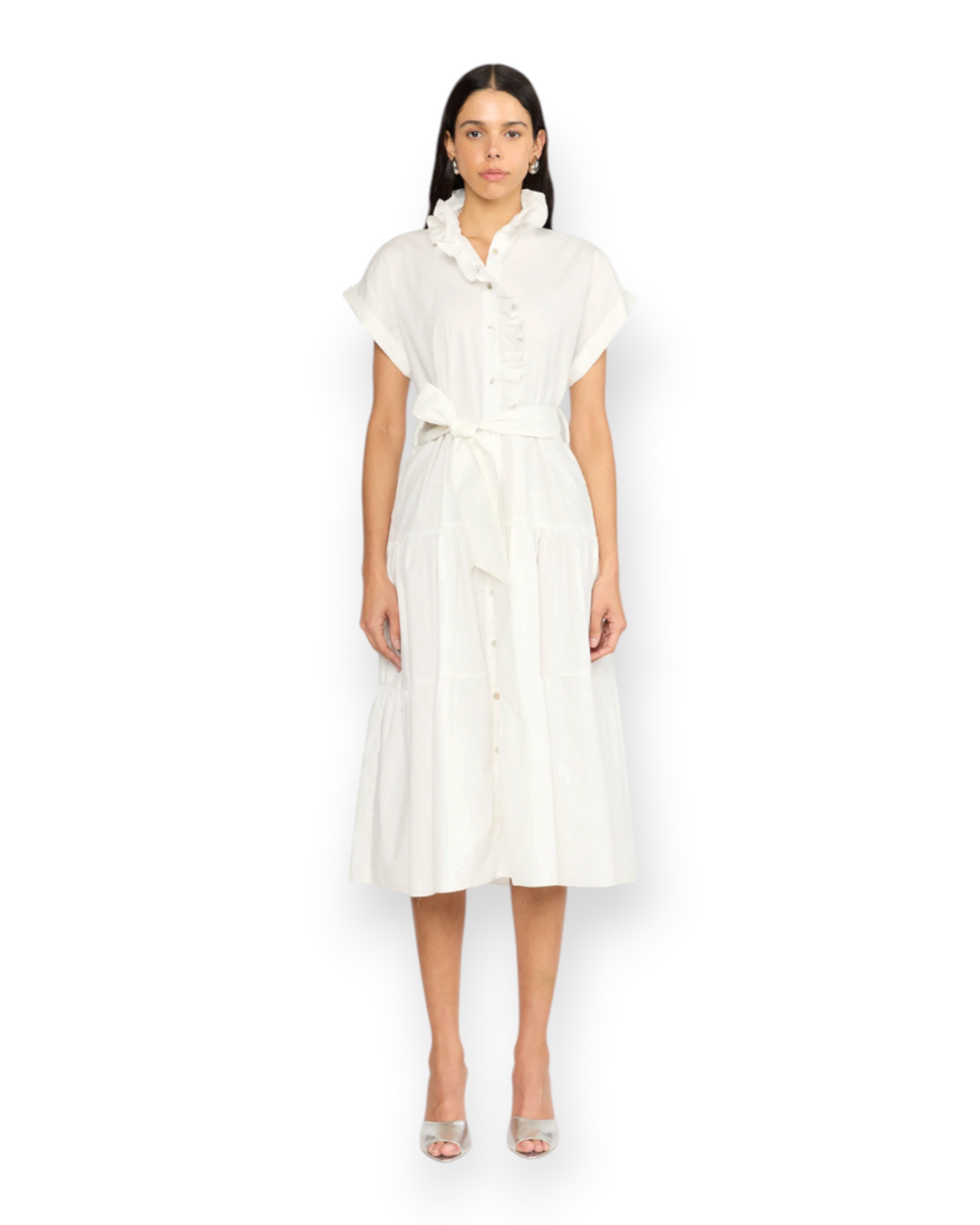 Birdie by Nina Liddle Design Jonah white cotton poplin midi dress with ruffle collar, tie waist, and button front.
