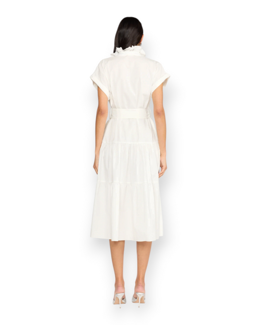Back view of Birdie by Nina Liddle Design Jonah white cotton poplin dress with ruffled collar and belted waist