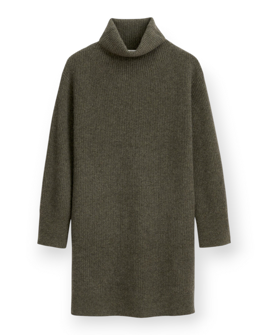 Birdie by Nina Liddle Design Simone sweater dress in olive green ribbed cashmere with a cozy turtleneck collar.