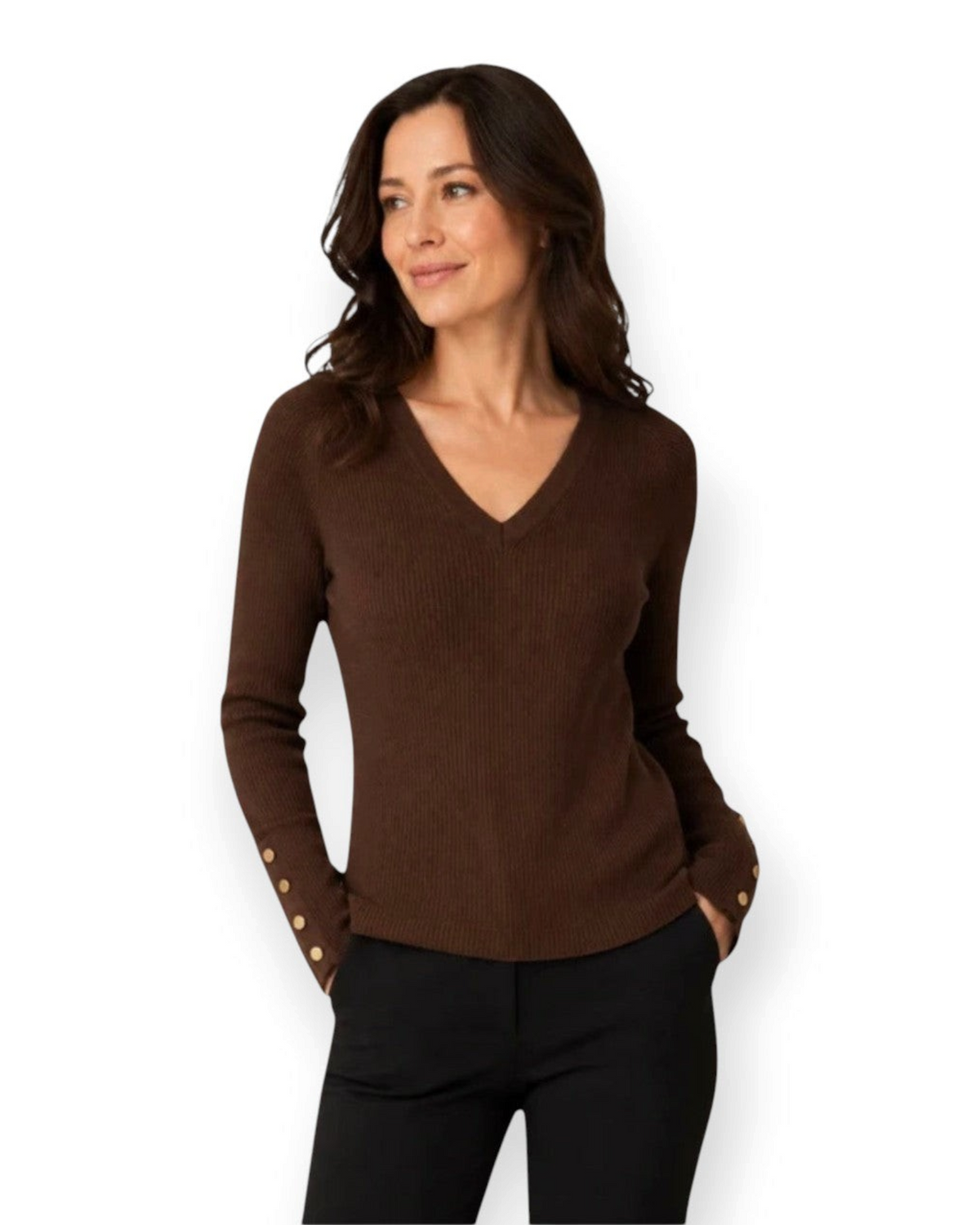 Long Sleeve V-neck Rib Top Dark Brown / XS