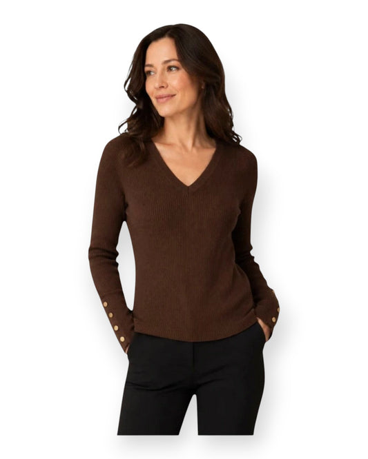 Long Sleeve V-neck Rib Top Dark Brown / XS