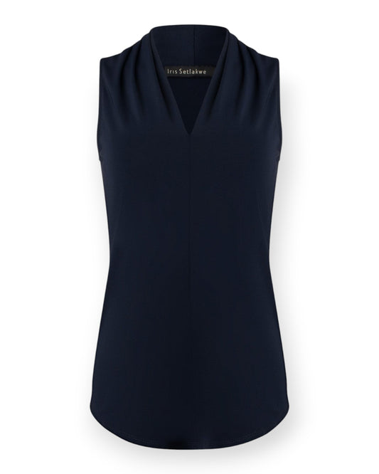 Matte Jersey Sleeveless Pleated V-Neck Top Navy / XS