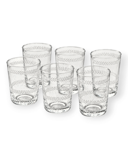 Birdie by Nina Liddle Design set of six clear hand-blown juice glasses featuring delicate etched leaf patterns.