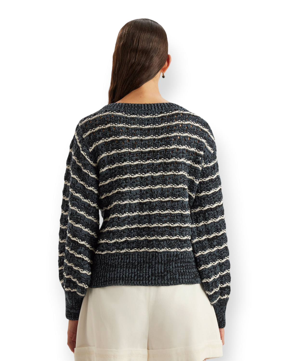 Birdie by Nina Liddle Design Cy Sweater in dark mercerized cotton with white pointelle stripe detail and full sleeves