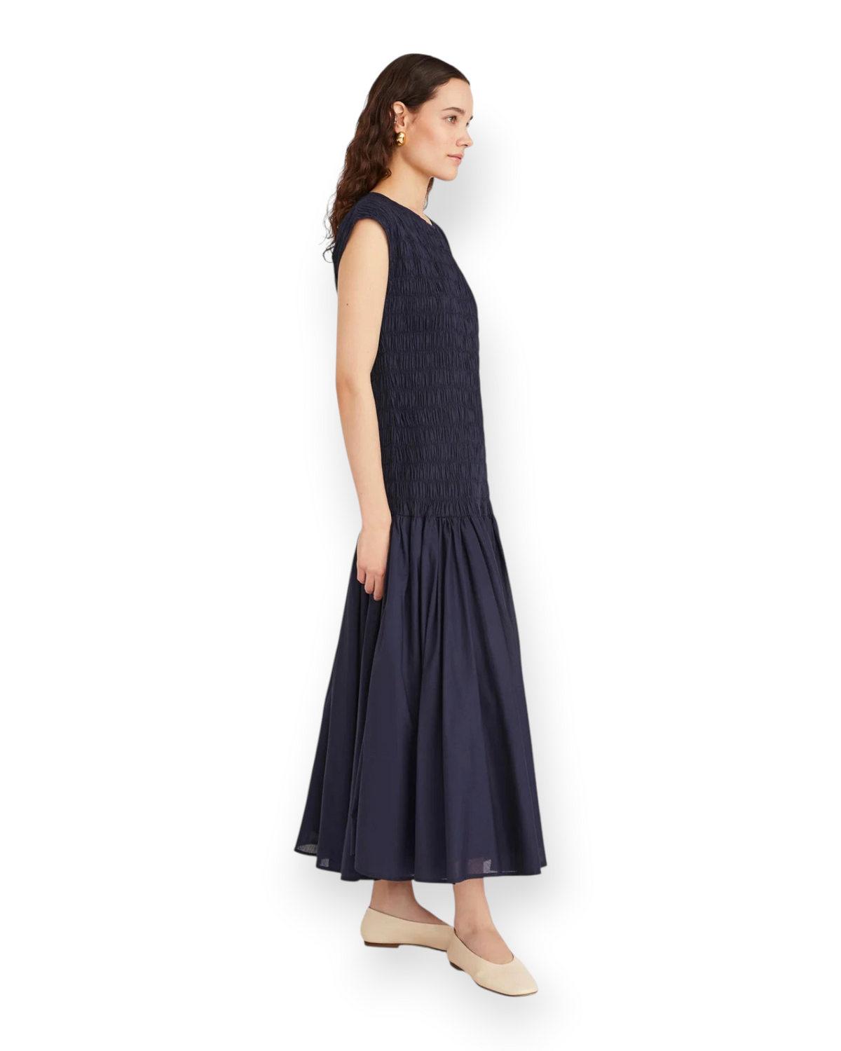 Birdie by Nina Liddle Design Stijl dress in navy cotton voile with a smocked bodice and gathered midi skirt