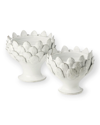 Birdie by Nina Liddle Design small white handmade artichoke footed centerpiece planters with decorative leaf texture