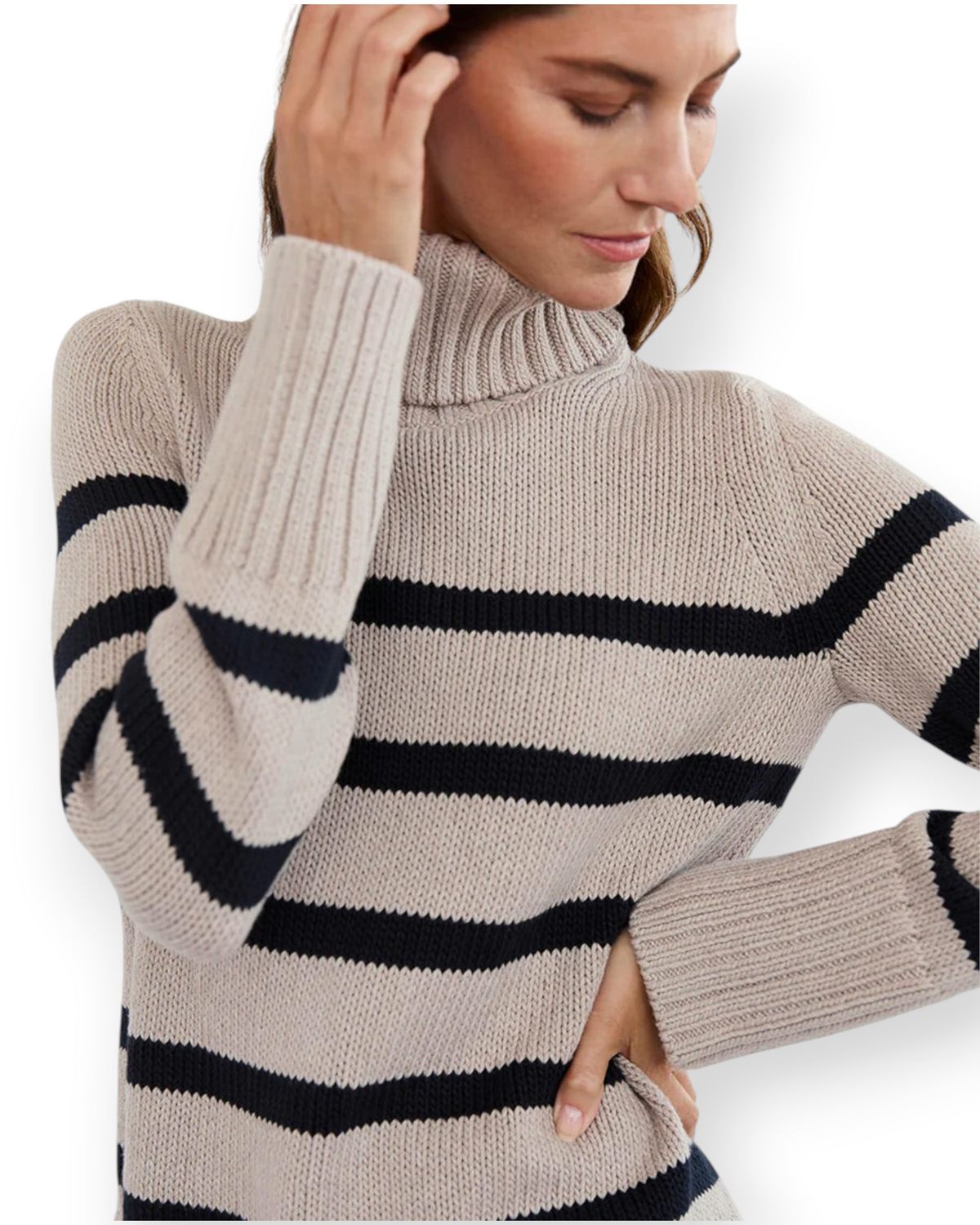 Birdie by Nina Liddle Design Wynn striped cotton turtleneck sweater in beige and navy with bold ribbed details.