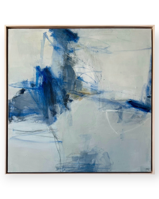 Birdie by Nina Liddle Design Breaching abstract mixed media painting in blue and white with a maple wood frame.