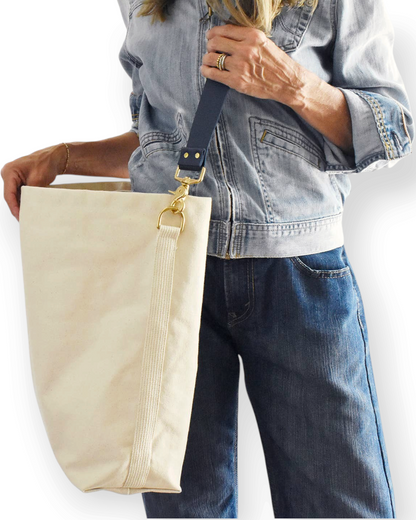Birdie by Nina Liddle Design canvas tote bag with detachable navy leather shoulder strap and gold hardware