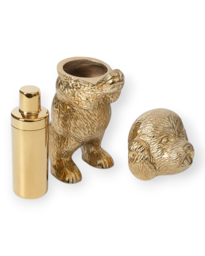 Birdie by Nina Liddle Design brass dog-shaped cocktail shaker with removable head and internal metal shaker component.