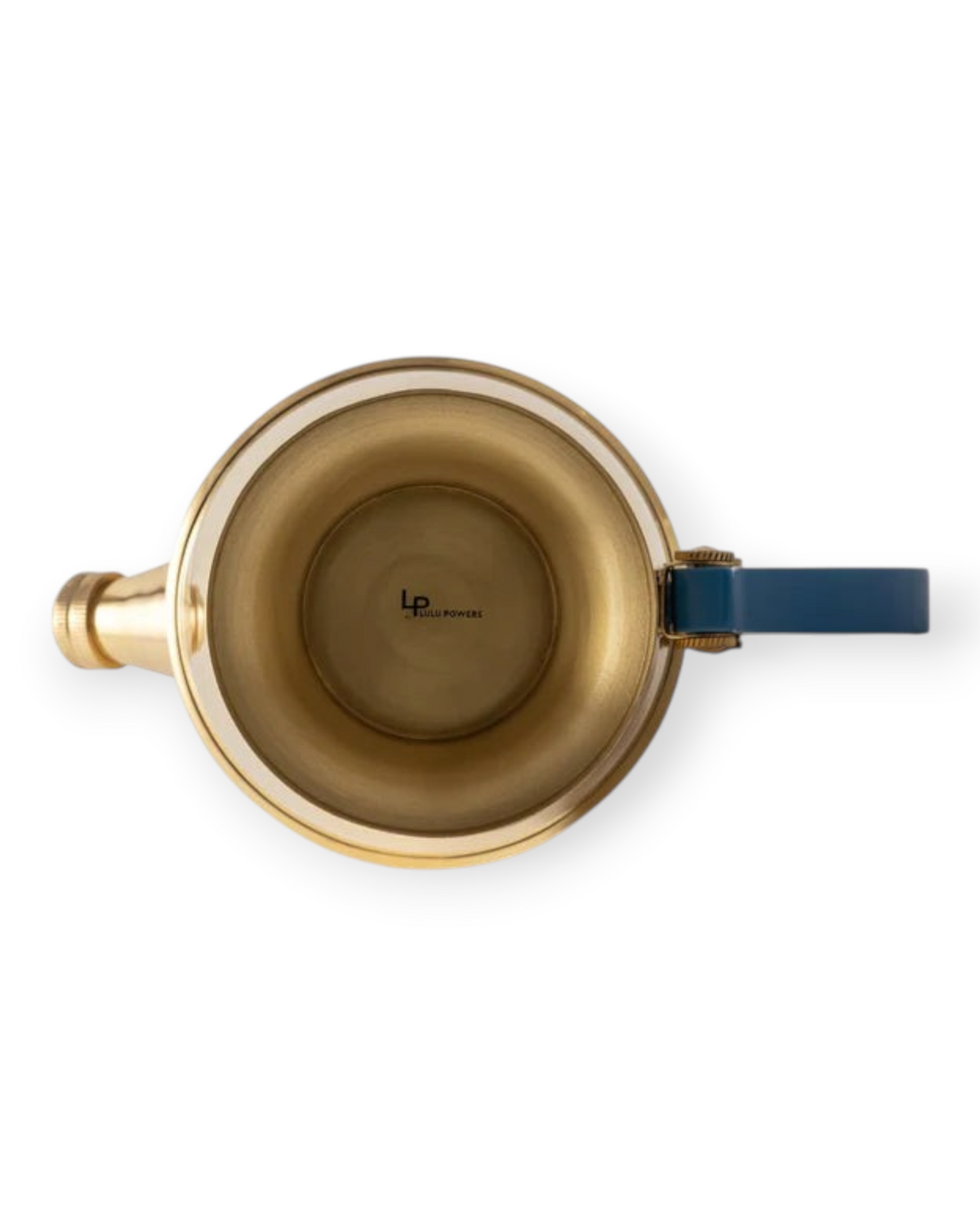 Birdie by Nina Liddle Design polished brass cocktail shaker viewed from above with a blue handle