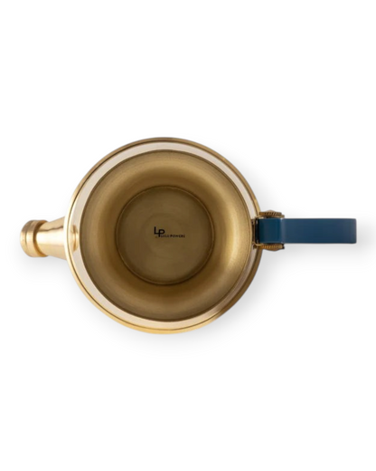Birdie by Nina Liddle Design polished brass cocktail shaker viewed from above with a blue handle
