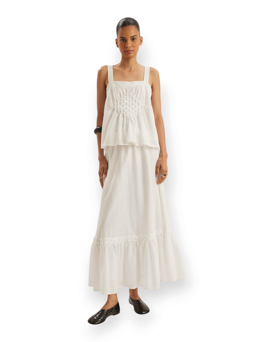 Birdie by Nina Liddle Design white cotton voile Maribel skirt with hand-smocked detail and elastic waistband