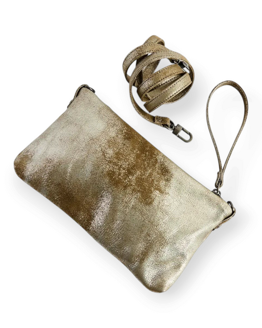 Birdie by Nina Liddle Design Pinched bottom Traveller Small leather clutch in metallic gold with removable strap