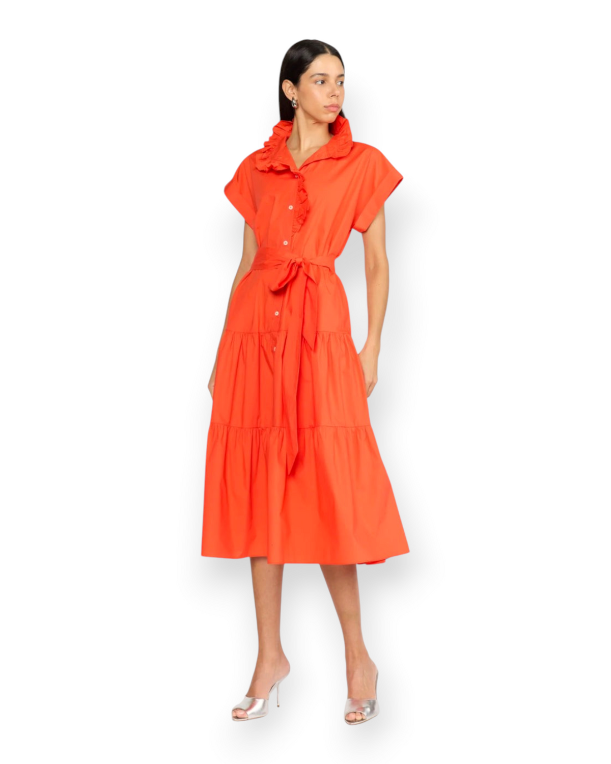 Birdie by Nina Liddle Design Jonah dress in bright orange cotton poplin with ruffled collar and tie waist belt
