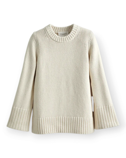 Birdie by Nina Liddle Design cream Turkish cotton crewneck sweater with relaxed fit and flared bell sleeves.