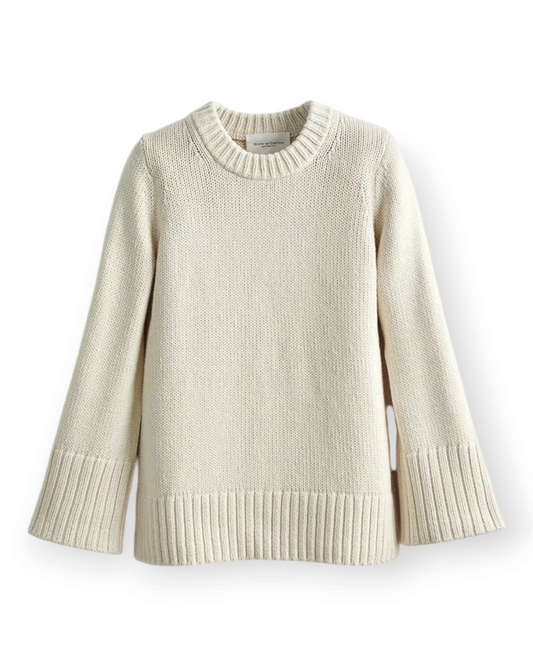 Birdie by Nina Liddle Design cream Turkish cotton crewneck sweater with relaxed fit and flared bell sleeves.