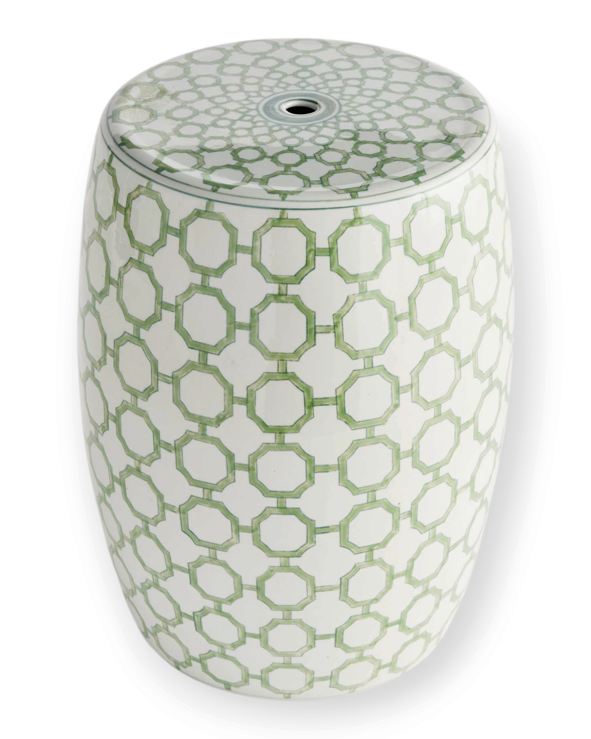 Birdie by Nina Liddle Design Imperial Link Stool in hand-painted green and white ceramic with chinoiserie pattern.