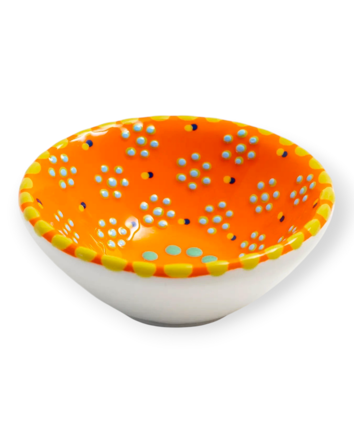 Birdie by Nina Liddle Design handmade ceramic poppy ramekin in orange with hand-painted blue and yellow floral dots.