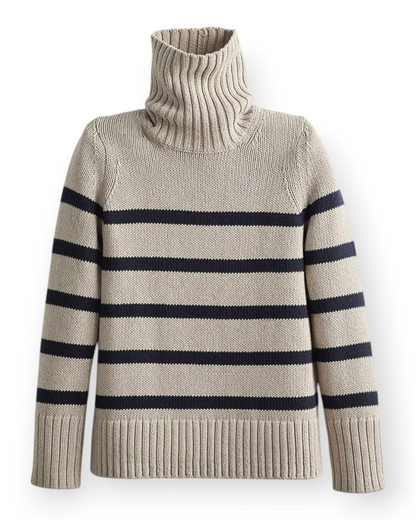 Birdie by Nina Liddle Design Wynn striped cotton turtleneck sweater in beige and navy with bold ribbed detailing.