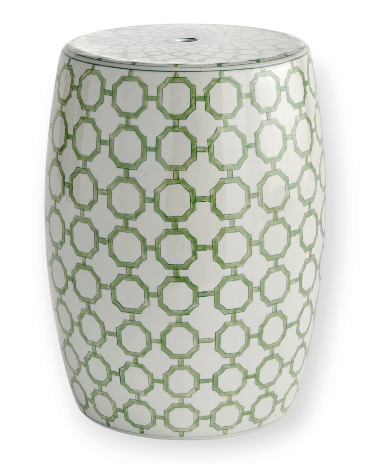 Birdie by Nina Liddle Design Imperial Link ceramic stool with hand-painted green and white chinoiserie pattern.
