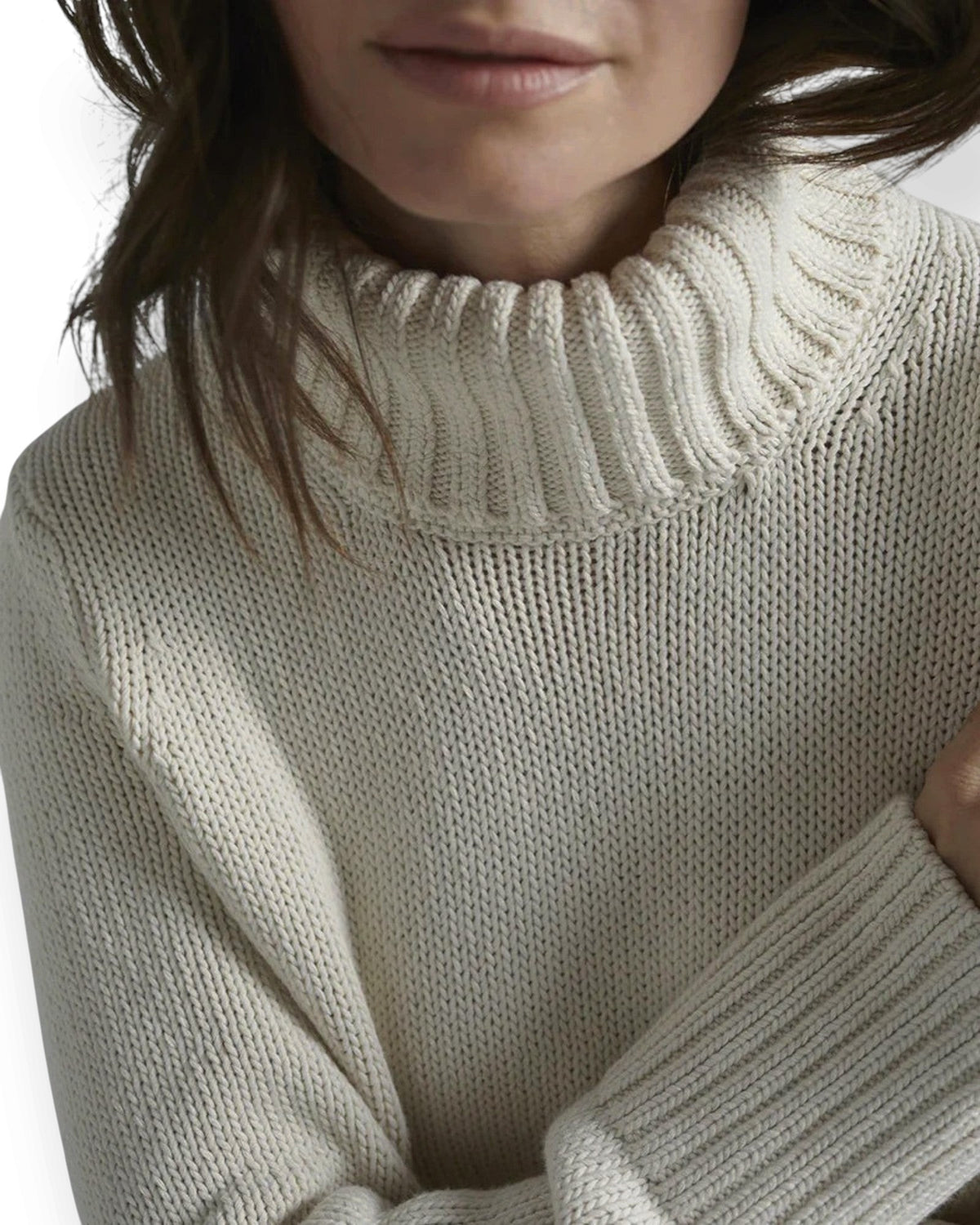 Birdie by Nina Liddle Design Wynn cream cotton turtleneck sweater with bold ribbed collar and relaxed knit texture