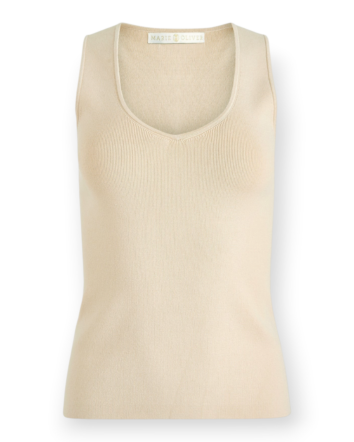 Birdie by Nina Liddle Design Miranda tank in beige ribbed knit viscose blend with a scoop neckline