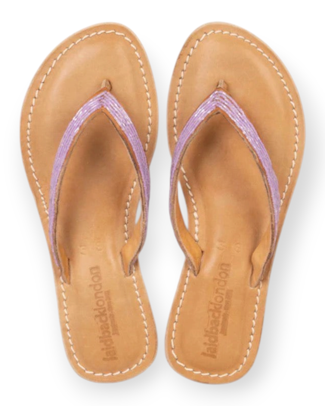 Birdie by Nina Liddle Design Seri flat leather flip flops with lavender beaded toe post and cushioned EVA outsole