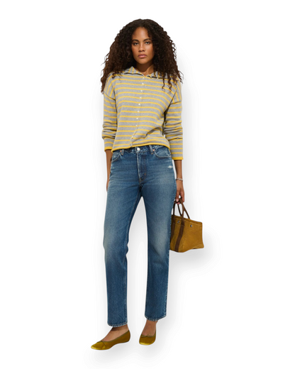 Birdie by Nina Liddle Design Jane mid-rise straight-leg jeans in Eze wash denim worn by a model with a striped top.