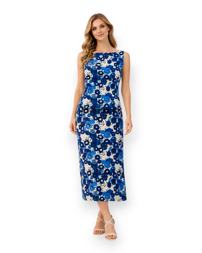 Model wearing a Birdie by Nina Liddle Design Taylor skirt in a blue and white floral print with a matching top