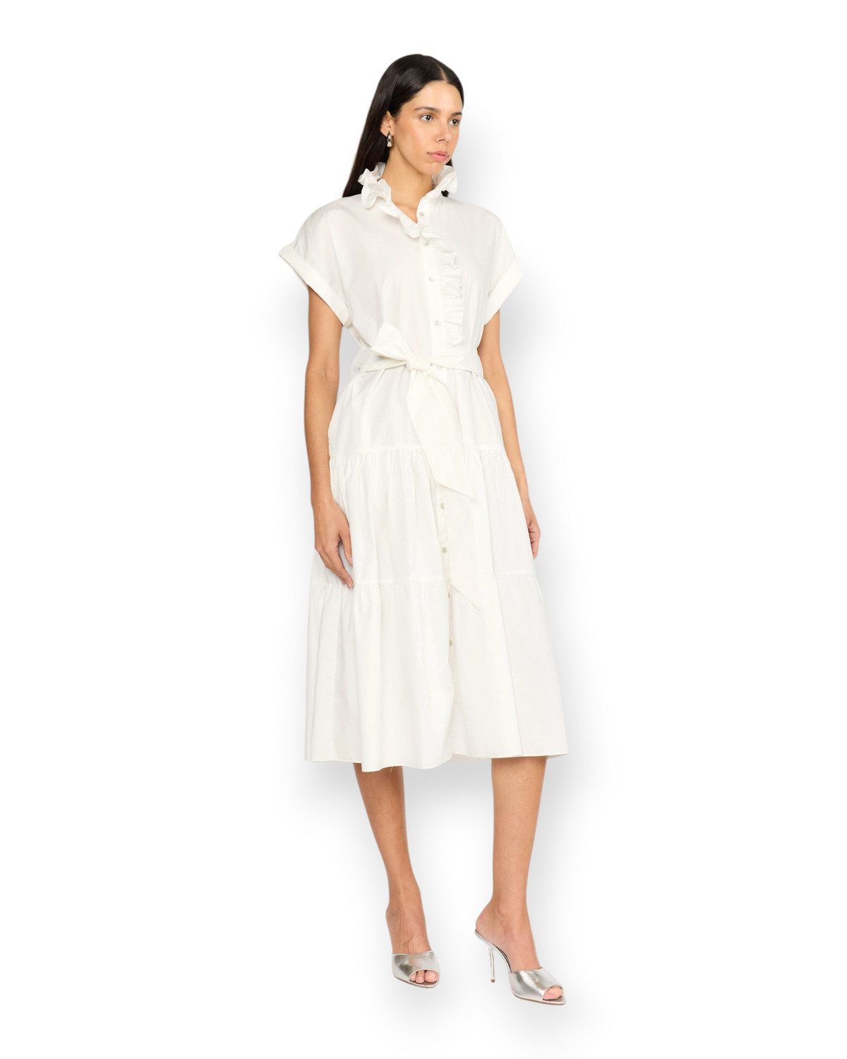 Birdie by Nina Liddle Design Jonah white cotton poplin midi dress with ruffle collar, self-tie belt, and button front