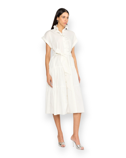 Birdie by Nina Liddle Design Jonah white cotton poplin midi dress with ruffle collar, self-tie belt, and button front