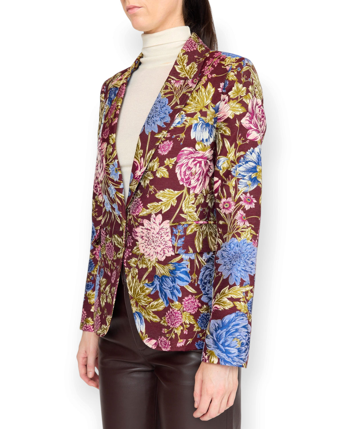 Birdie by Nina Liddle Design Soraya blazer in a burgundy floral cotton poly blend with a tailored single-breasted fit