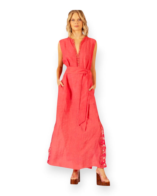 Stella Linen and Lace Dress Emerald / XS