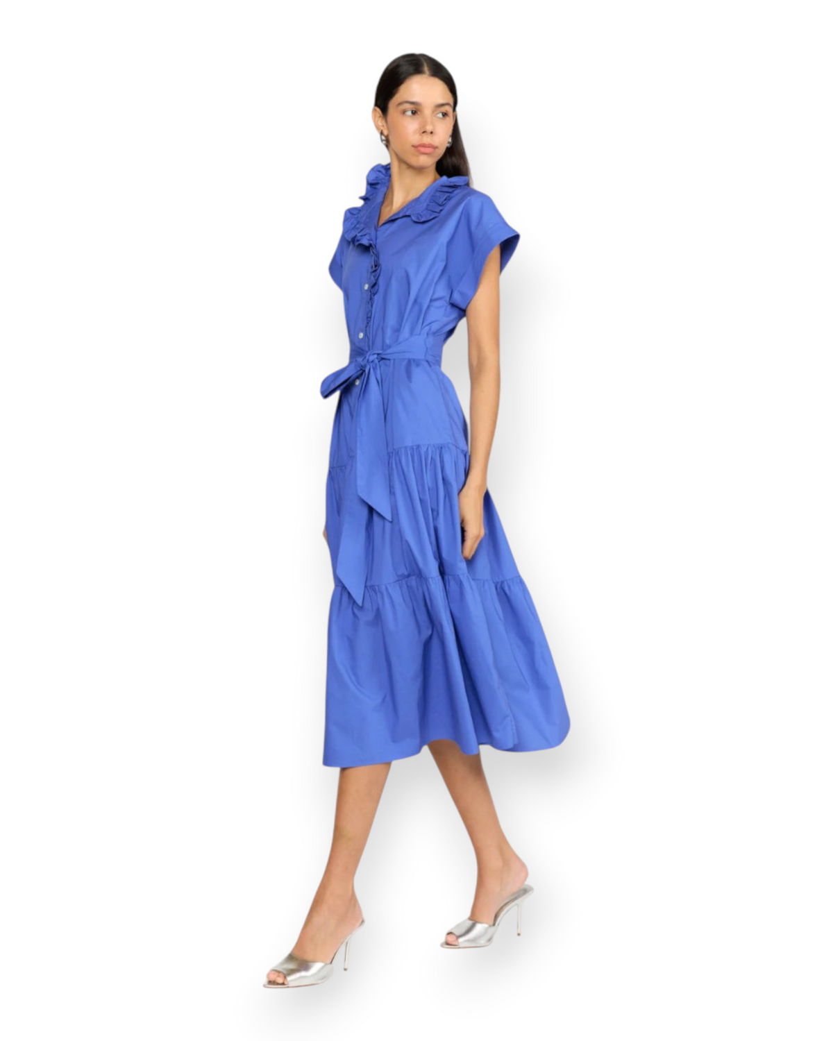 Birdie by Nina Liddle Design Jonah blue cotton poplin midi dress with ruffle collar, tie waist, and tiered skirt.