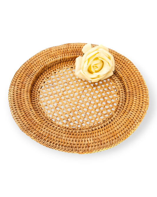 Birdie by Nina Liddle Design handwoven rattan charger plate with a decorative cream rose on a white background