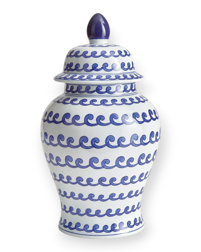 Birdie by Nina Liddle Design Barclay Butera Dynasty porcelain wave jar with blue hand-painted patterns and lid