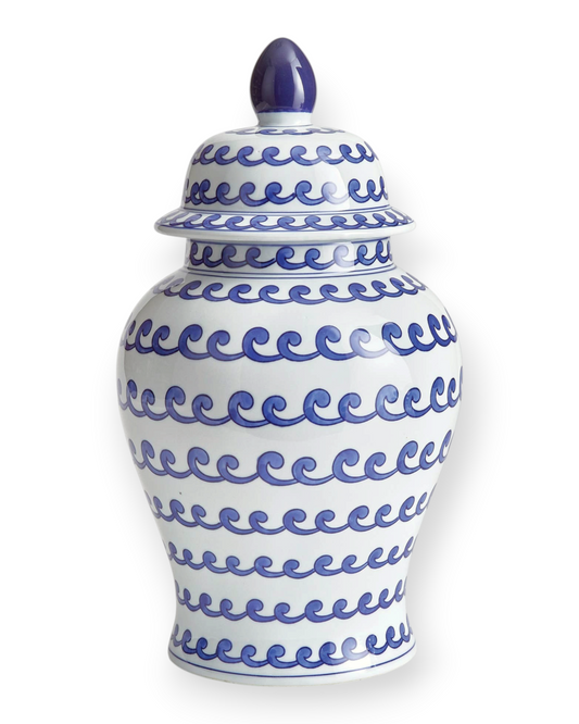 Birdie by Nina Liddle Design Barclay Butera Dynasty porcelain wave jar with blue hand-painted patterns and lid