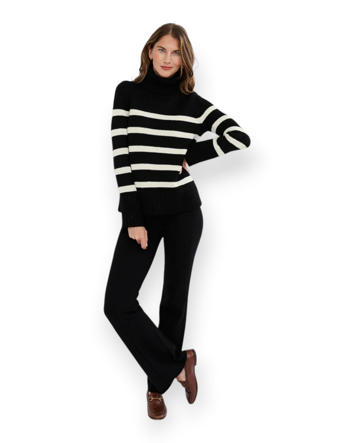 Birdie by Nina Liddle Design Wynn striped cotton turtleneck sweater in black and white worn by a model