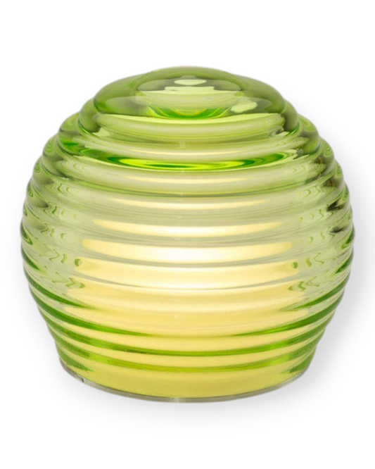 Birdie by Nina Liddle Design handblown green Murano glass portable LED table light with concentric ring texture.