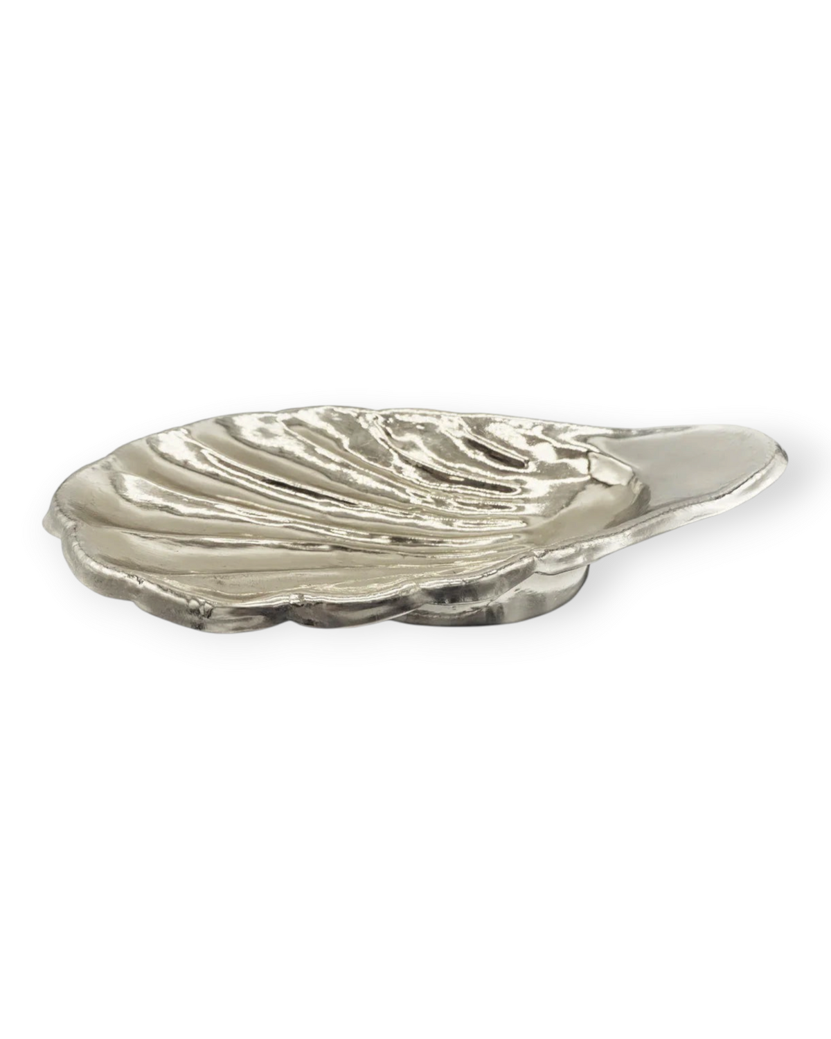 Birdie by Nina Liddle Design silver alpaca metal shell-shaped bowl for serving or as a decorative catch-all dish.