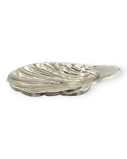 Birdie by Nina Liddle Design silver alpaca metal shell-shaped bowl for serving or as a decorative catch-all dish.