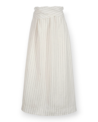 Birdie by Nina Liddle Design Mogra knee-length linen dress in ivory with black vertical stripes and draped bodice.