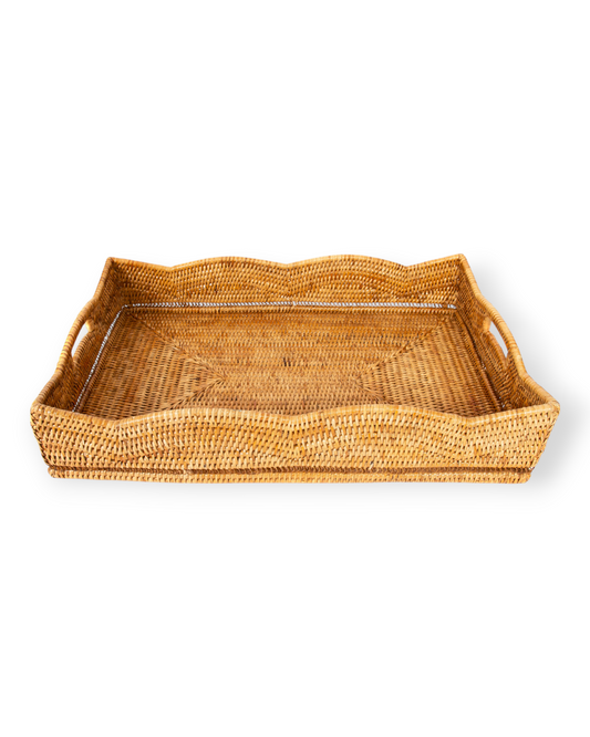Birdie by Nina Liddle Design rectangular rattan serving tray with a decorative handwoven scalloped edge