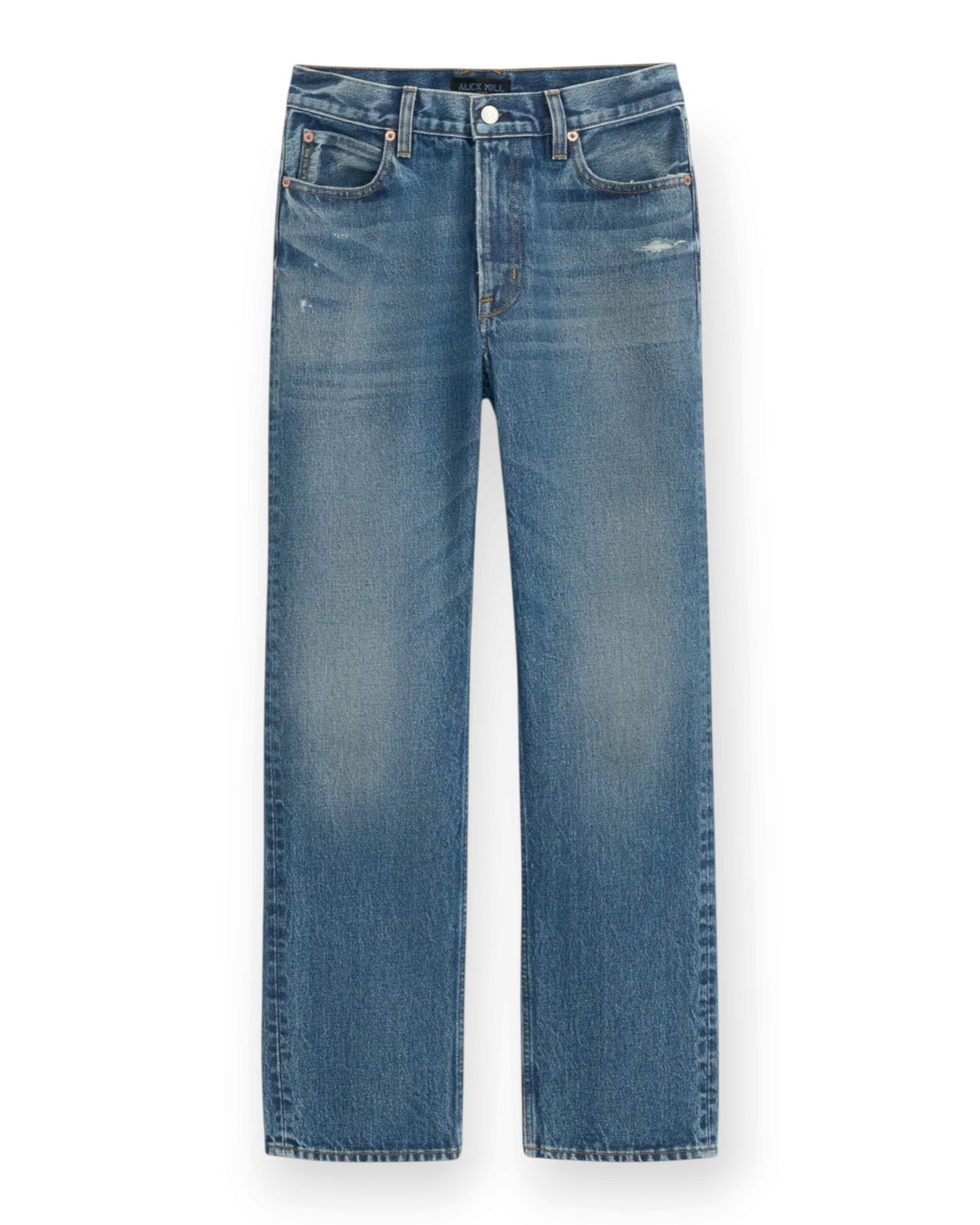 Birdie by Nina Liddle Design Jane mid-rise straight-leg jeans in vintage blue cotton denim with a zipper fly