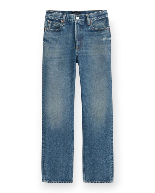 Birdie by Nina Liddle Design Jane mid-rise straight-leg jeans in vintage blue cotton denim with a zipper fly